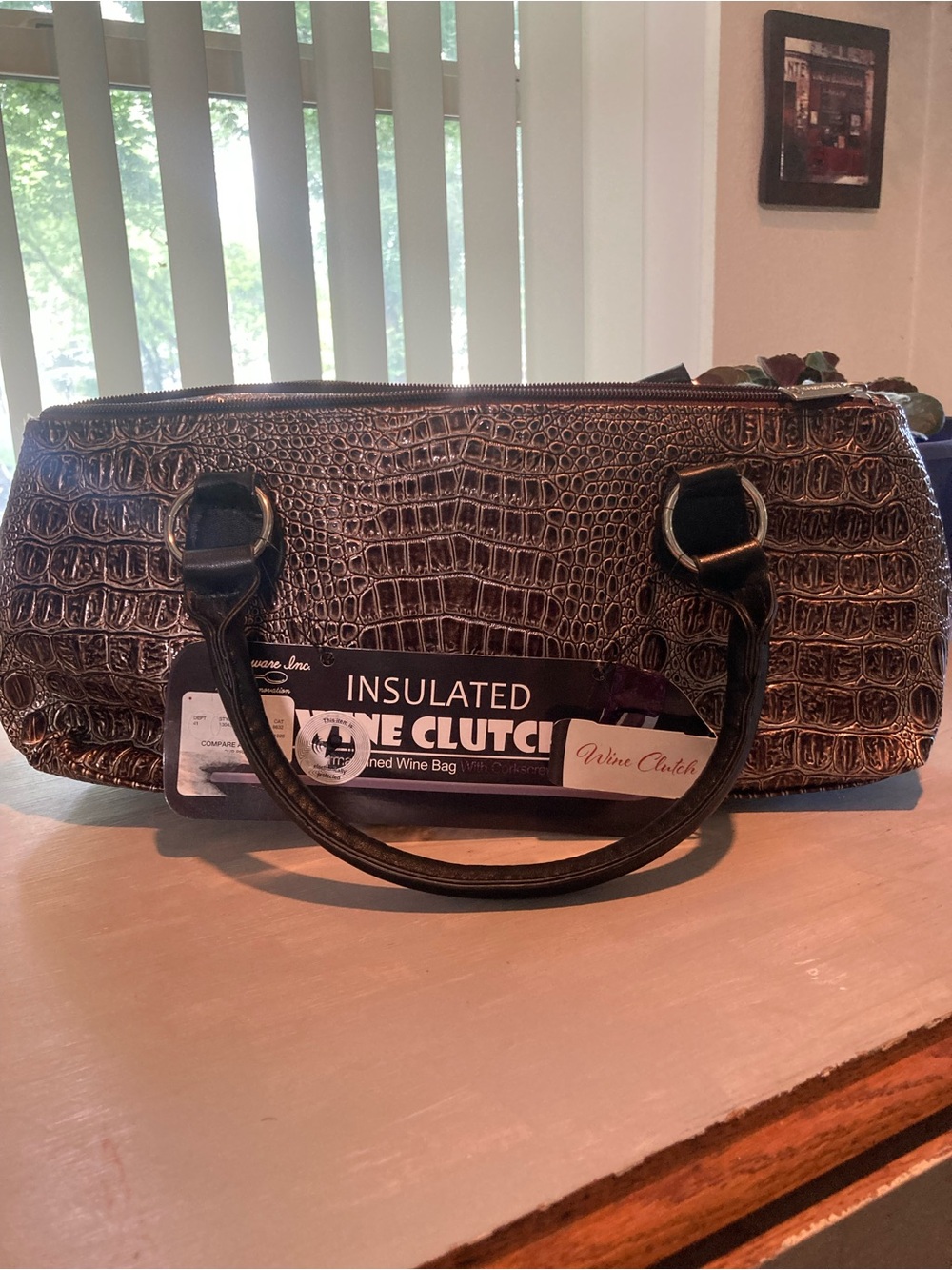 Insulated Wine Clutch - Brown Croc Textured Wine Bag
